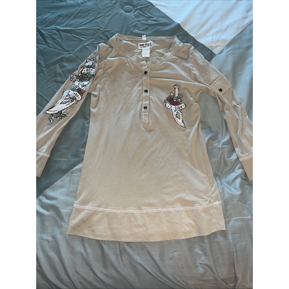 One Life 2 Live Shirt Size Small Tan Long Sleeve Made In USA Y2K Skull